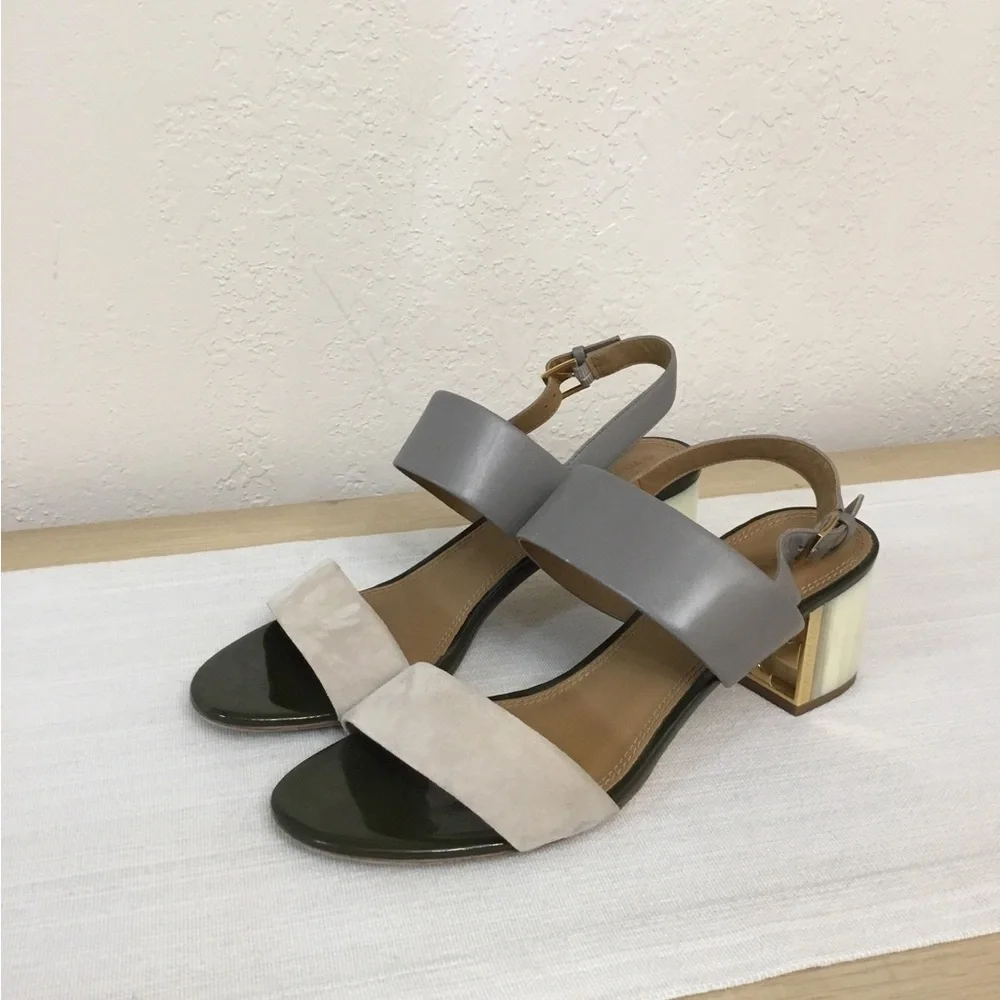 Tory Burch Gigi T Logo Two-Tone Block Heel Sandals in Gray, Cream and gray Sz.9